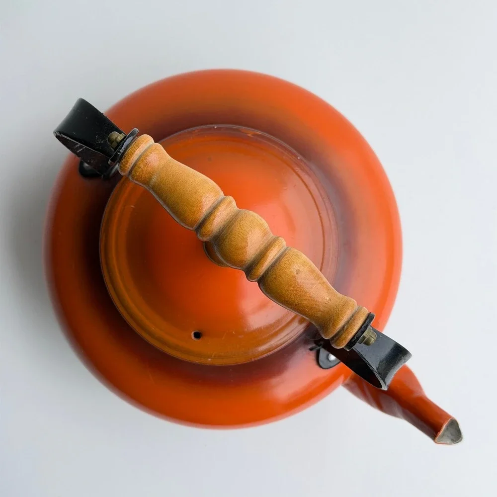 Vintage Enamel Tea Kettle Orange Ombre Wood Handle Stovetop Pot Made in Taiwan